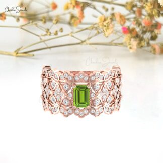 AAA Peridot Cocktail Wedding Ring In 14k Solid Gold Cluster Diamond Hallmarked Jewelry