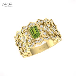 AAA Peridot Cocktail Wedding Ring In 14k Solid Gold Cluster Diamond Hallmarked Jewelry