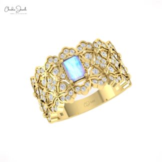 Statement Cocktail Ring With 0.6 Ct Rainbow Moonstone And Diamond Ring In 14k Solid Gold