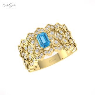 Signature Cocktail Diamond Ring In 14k Solid Gold Swiss Blue Topaz Anniversary Rings
