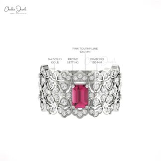 Diamond Cluster Wedding Ring In Real 14k Gold Pink Tourmaline Octagon Cut Cocktail Rings