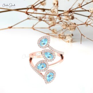 Natural Pear Aquamarine Cocktail Halo Ring In Pure 14k Gold Pave Diamond Statement Rings