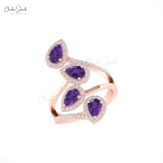 Delicate Cocktail Leaf Ring with 1.5 Ct Amethyst Diamond Halo Anniversary Ring In 14k Gold