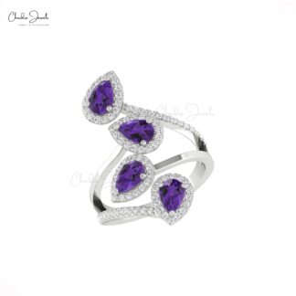 Delicate Cocktail Leaf Ring with 1.5 Ct Amethyst Diamond Halo Anniversary Ring In 14k Gold