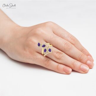 Delicate Cocktail Leaf Ring with 1.5 Ct Amethyst Diamond Halo Anniversary Ring In 14k Gold