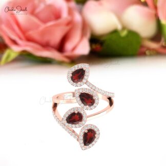 Tear Drop Red Garnet Halo Ring In Real 14k Gold Gemstone 6x4mm And Diamond Cocktail Ring