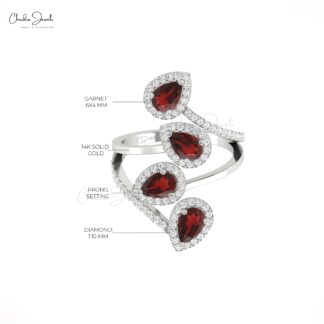 Tear Drop Red Garnet Halo Ring In Real 14k Gold Gemstone 6x4mm And Diamond Cocktail Ring