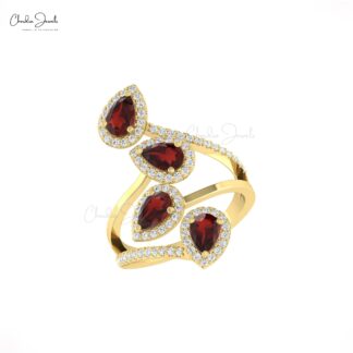 Tear Drop Red Garnet Halo Ring In Real 14k Gold Gemstone 6x4mm And Diamond Cocktail Ring