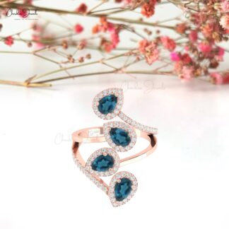 Dainty Diamond Cocktail Ring In Pure 14k Gold London Blue Topaz Hallmarked Halo Rings