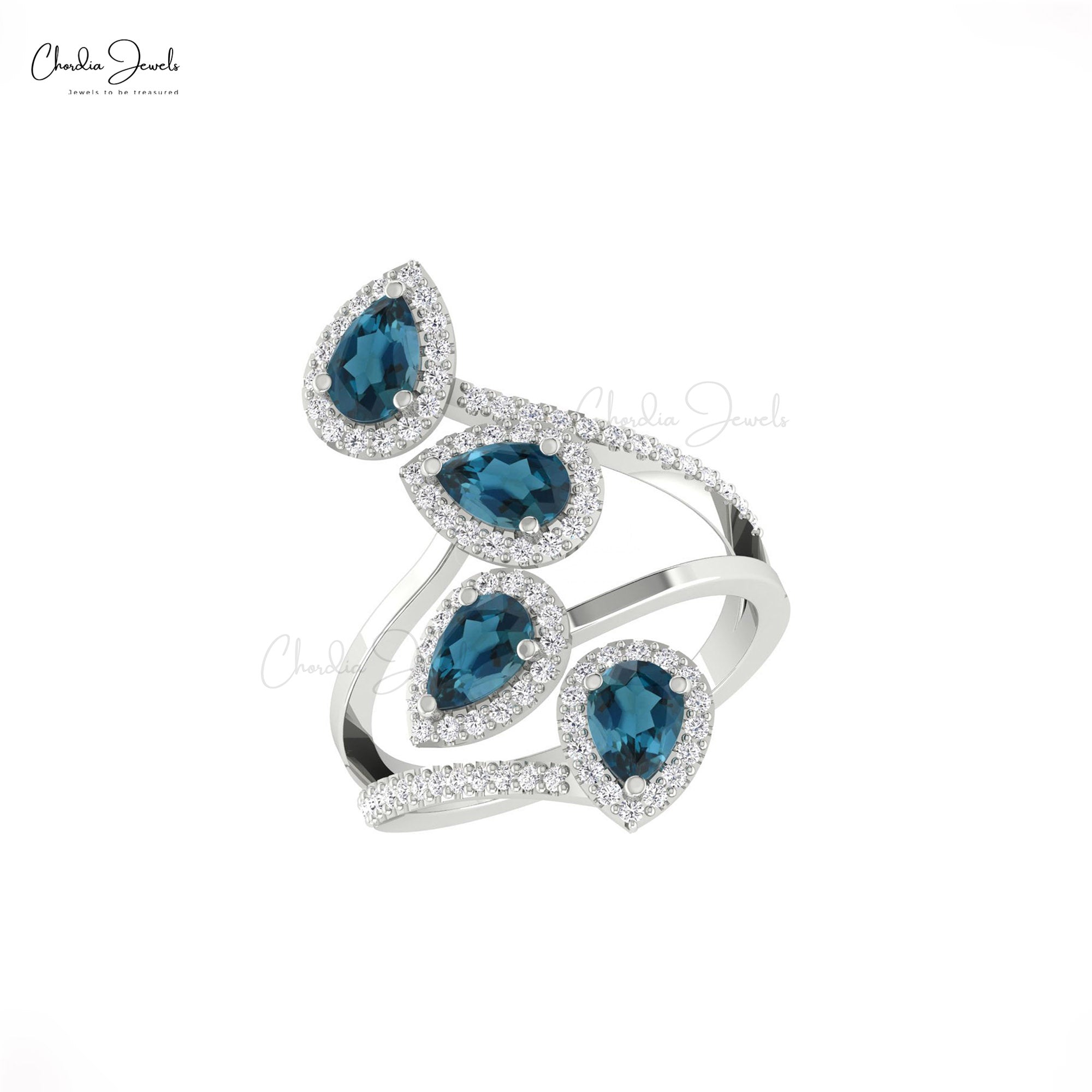 Dainty Diamond Cocktail Ring In Pure 14k Gold London Blue Topaz Hallmarked Halo Rings
