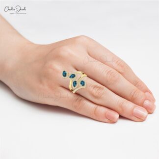 Dainty Diamond Cocktail Ring In Pure 14k Gold London Blue Topaz Hallmarked Halo Rings