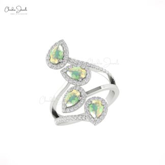Pear Cut Statement Ring In 14k Real Gold Fire Opal 6x4mm And Diamond Halo Women Rings