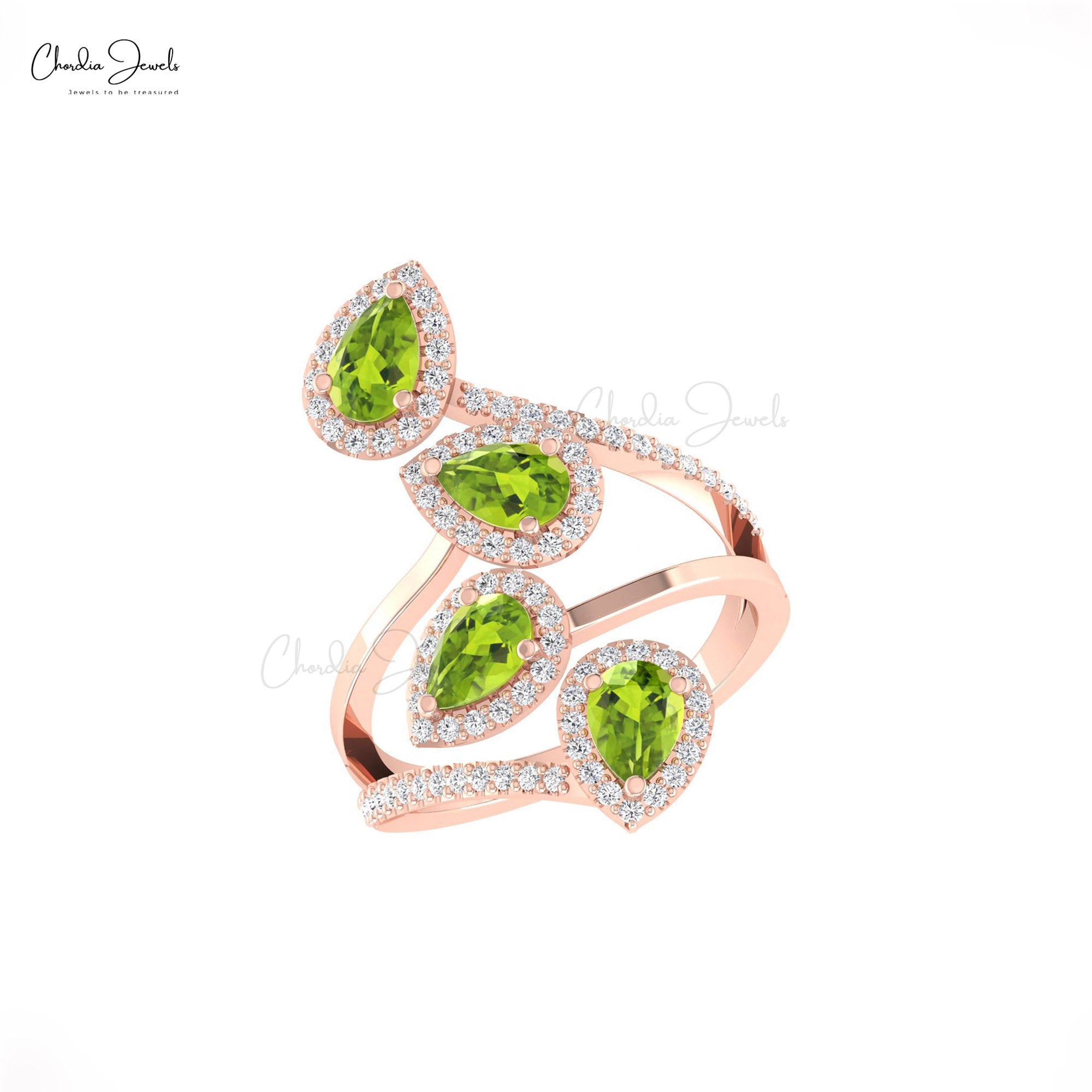 Halo Style Cocktail Ring With 1.5 CTW Pear Cut Peridot 14k Solid Gold Diamond Leaf Ring