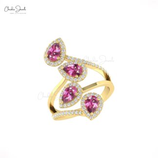 Diamond Halo Wrap Ring In 14k Pure Gold Rhodolite Garnet 6x4mm Gemstone Wedding Rings