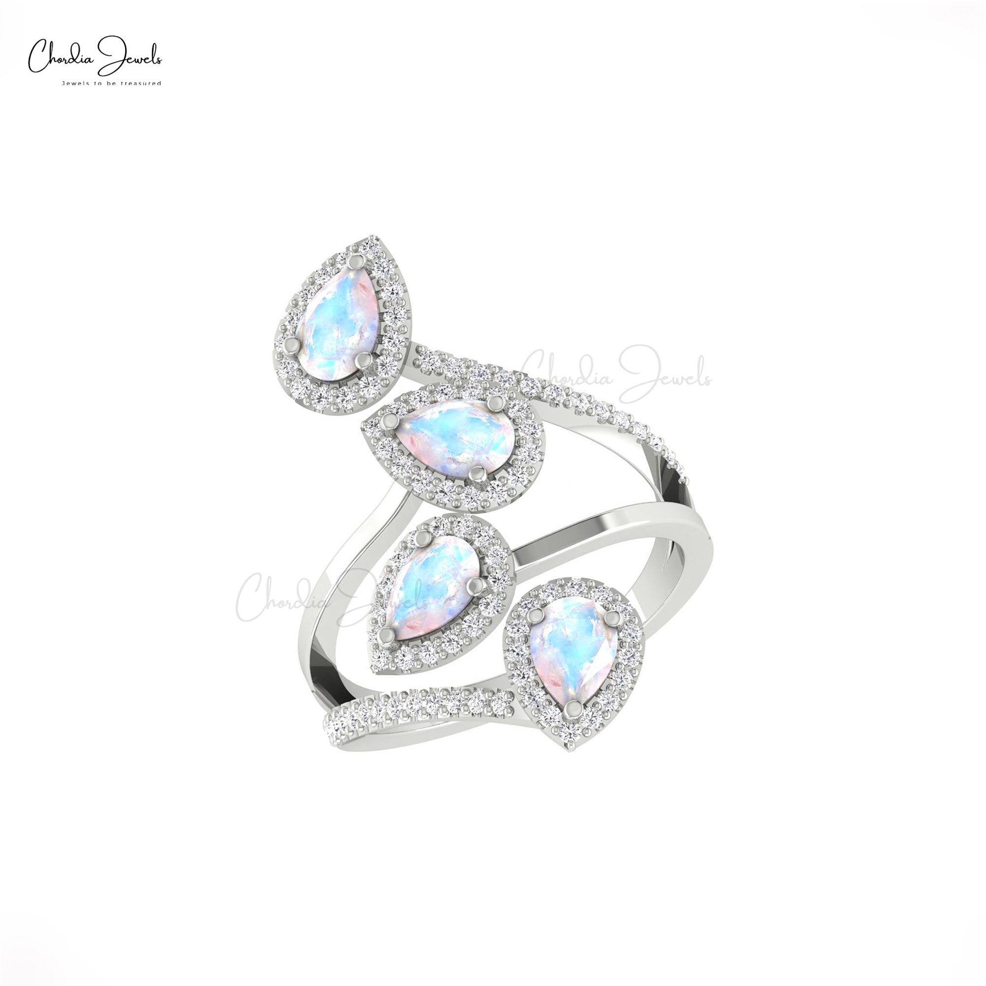 Halo Leaf Statement Ring With 6x4mm Rainbow Moonstone Diamond Unique Ring In 14k Gold
