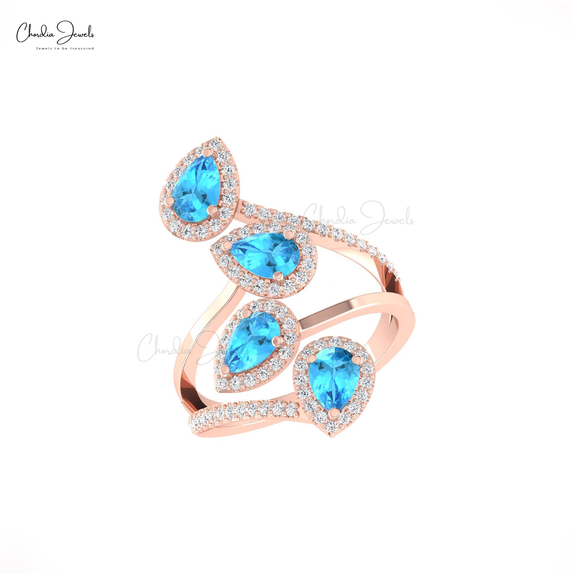 Statement Cocktail Ring With 1.5 Ct Swiss Blue Topaz Halo Diamond 14k Real Gold Unique Ring