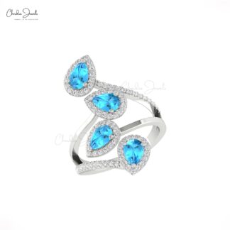 Statement Cocktail Ring With 1.5 Ct Swiss Blue Topaz Halo Diamond 14k Real Gold Unique Ring