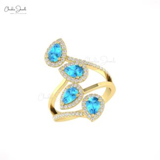 Statement Cocktail Ring With 1.5 Ct Swiss Blue Topaz Halo Diamond 14k Real Gold Unique Ring