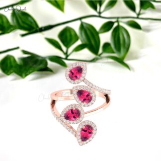 Real 14k Gold Halo Ring With 1.48 Ct Pink Tourmaline Diamond Cocktail Leaf Bridal Rings