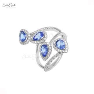 Pear Halo Wedding Ring With 1.48 Ct Tanzanite And Diamond Leaf Rings In 14k White Gold