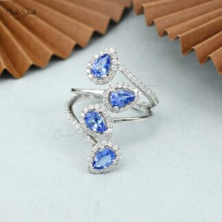 Pear Halo Wedding Ring With 1.48 Ct Tanzanite And Diamond Leaf Rings In 14k White Gold