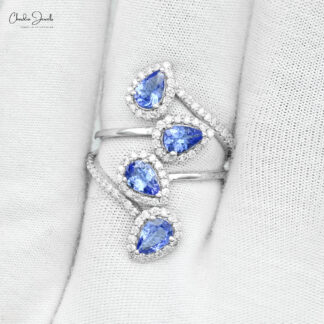 Pear Halo Wedding Ring With 1.48 Ct Tanzanite And Diamond Leaf Rings In 14k White Gold