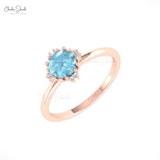 Round Aquamarine Diamond Ring In 14k Real Gold Handmade Minimalist Jewelry For Her
