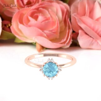 Round Aquamarine Diamond Ring In 14k Real Gold Handmade Minimalist Jewelry For Her