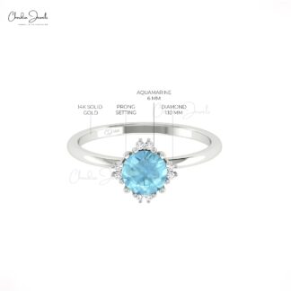 Round Aquamarine Diamond Ring In 14k Real Gold Handmade Minimalist Jewelry For Her