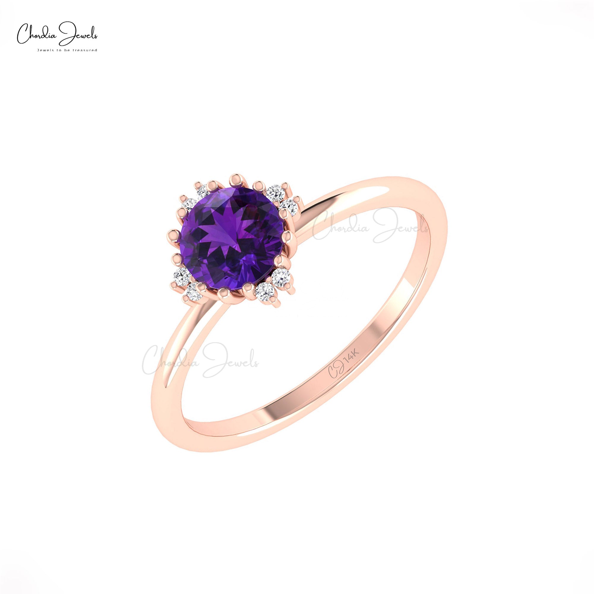 Pure 14k Gold Diamond Accents Ring With 6mm Amethyst Gemstone Anniversary Rings