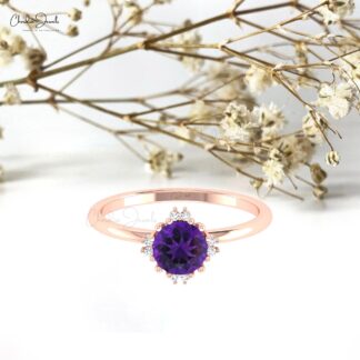 Pure 14k Gold Diamond Accents Ring With 6mm Amethyst Gemstone Anniversary Rings