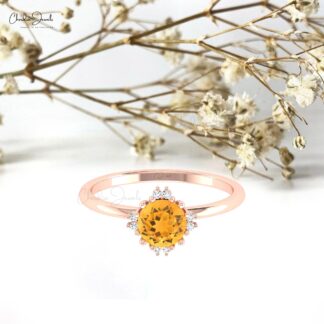 Diamond Accented Wedding Ring With 0.7 Ct Citrine Gemstone 14k Solid Gold Rings For Her
