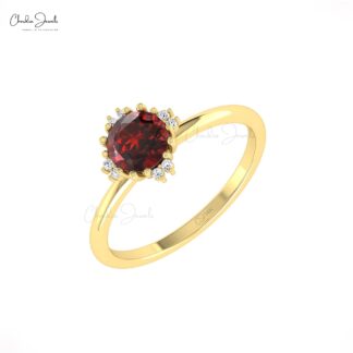 Dual Birthstone Women Ring In 14k Real Gold Red Garnet And Diamond Engagement Rings