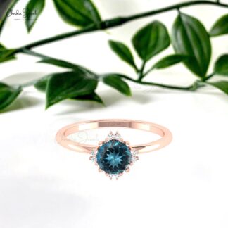 Genuine London Blue Topaz Ring In Real 14k Gold G-H Diamond Engagement Fine Rings