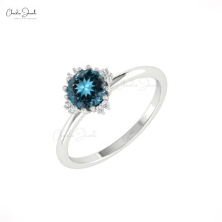 Genuine London Blue Topaz Ring In Real 14k Gold G-H Diamond Engagement Fine Rings