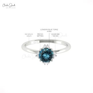 Genuine London Blue Topaz Ring In Real 14k Gold G-H Diamond Engagement Fine Rings