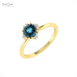 Genuine London Blue Topaz Ring In Real 14k Gold G-H Diamond Engagement Fine Rings