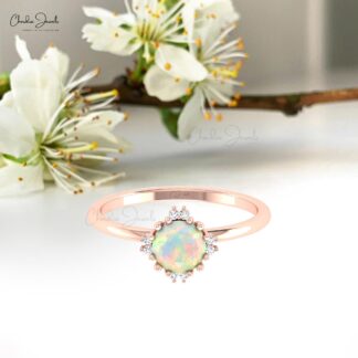 Two Birthstone Dainty Ring In 14k Pure Gold Fire Opal 6mm Round And Diamond Women Rings