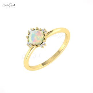 Two Birthstone Dainty Ring In 14k Pure Gold Fire Opal 6mm Round And Diamond Women Rings