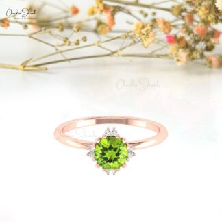Delicate Gemstone Ring With 0.74 Ct Peridot And G-H Diamond 14k Solid Gold Promise Rings