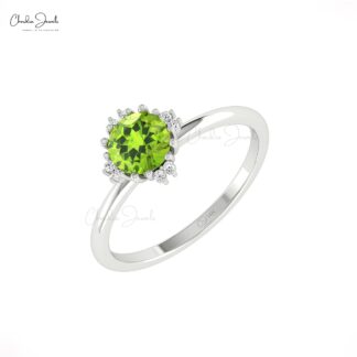 Delicate Gemstone Ring With 0.74 Ct Peridot And G-H Diamond 14k Solid Gold Promise Rings