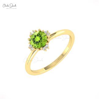 Delicate Gemstone Ring With 0.74 Ct Peridot And G-H Diamond 14k Solid Gold Promise Rings