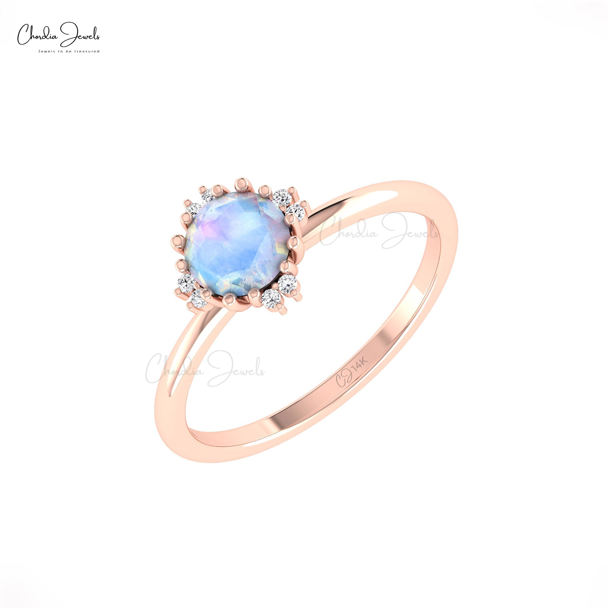 Real 14k Gold Dual Birthstone Ring With 6mm Rainbow Moonstone And Diamond Bridal Rings