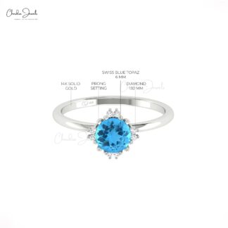 Round Gemstone Ring With 0.74 Ct Swiss Blue Topaz Diamond 14k Real Gold Love Ring