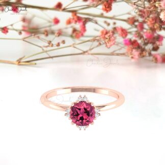 Gemstone Wedding Ring With 6mm Pink Tourmaline & Diamond Prong Set In 14k Pure Gold Ring