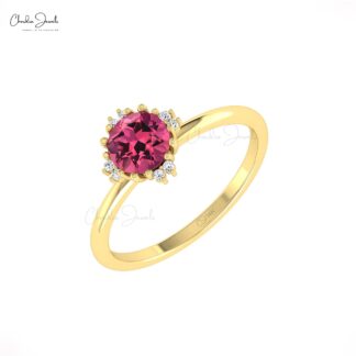 Gemstone Wedding Ring With 6mm Pink Tourmaline & Diamond Prong Set In 14k Pure Gold Ring