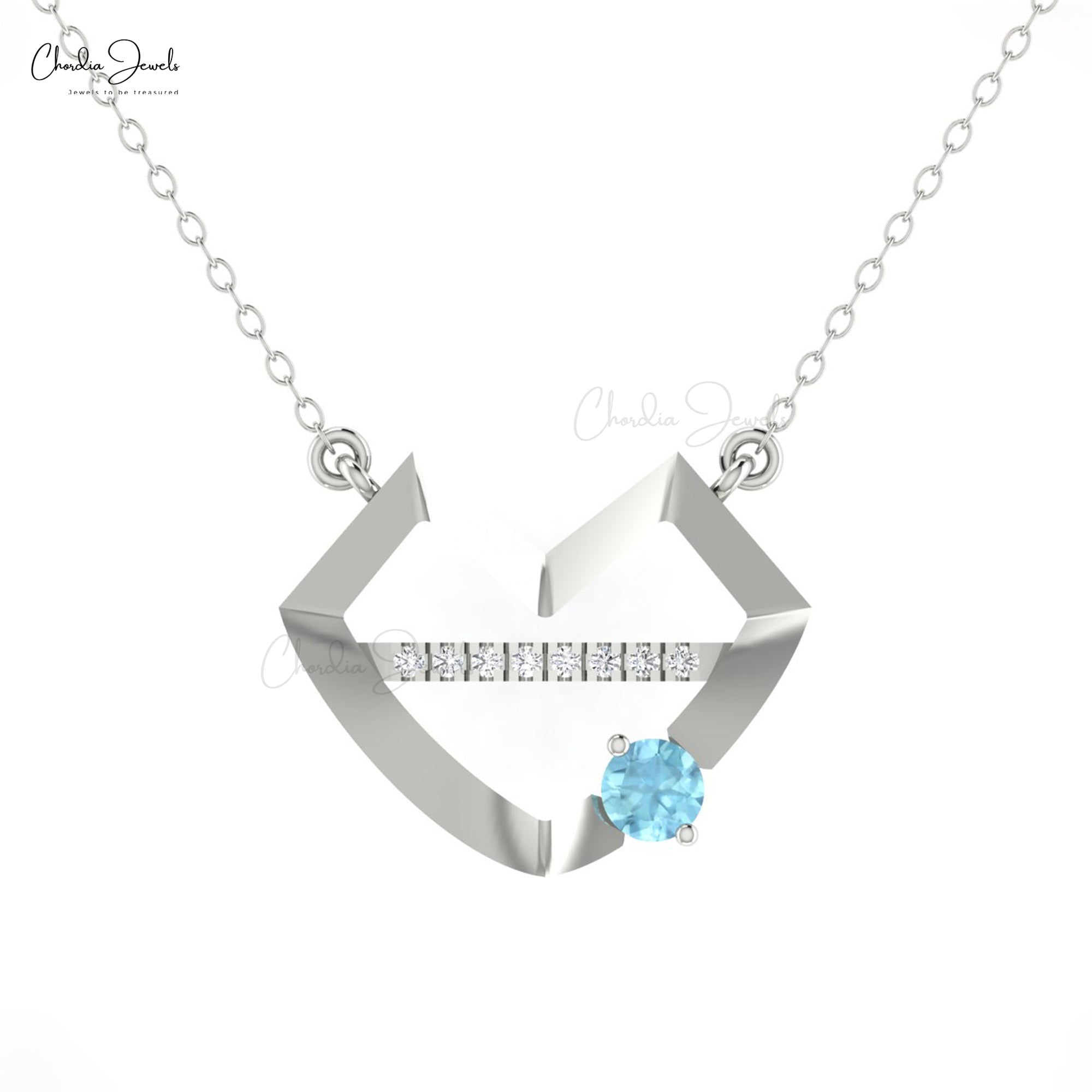 Unique Hubb Heart Necklace With 4mm Aquamarine And Pave Diamond 14k Real Gold Necklace