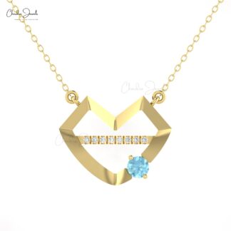 Unique Hubb Heart Necklace With 4mm Aquamarine And Pave Diamond 14k Real Gold Necklace