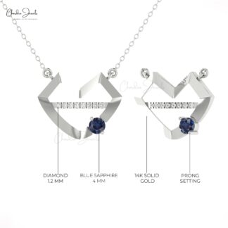 Delicate Heart Lips Necklace With 4mm Blue Sapphire And G-H Diamond 14k Pure Gold Necklace