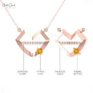 Brilliant Cut Diamond Necklace In 14k Real Gold Citrine 4mm Gemstone Women Necklaces